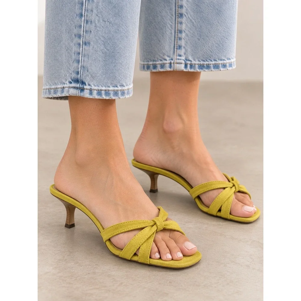 Joie Chartreuse Suede Bow Heeled Sandals Strappy Square Toe Kitten Heel Size 7.5